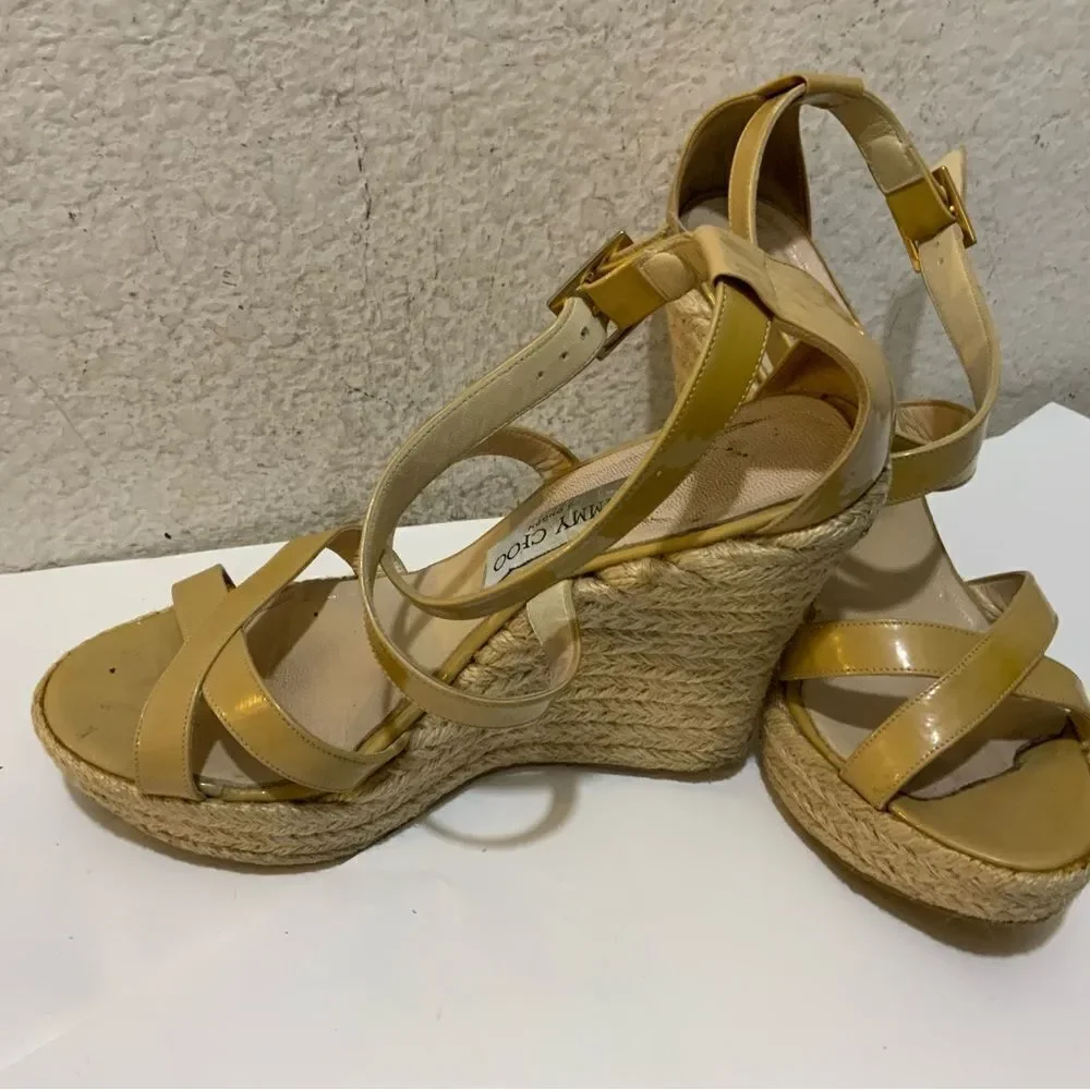 JIMMY CHOO PORTO CRISSCROSS ESPADRILLE WEDGE SANDALS NUDE PATENT LEATHER SZ 39